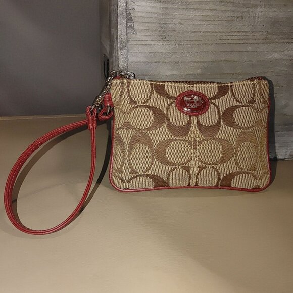 Coach Brown Red Signature Wristlet Clutch C Jacquard Satin Lining Zipper Closure - Picture 1 of 11